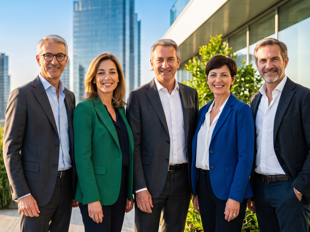 Gruppo di cinque professionisti sorridenti in posa su una terrazza con grattacieli sullo sfondo