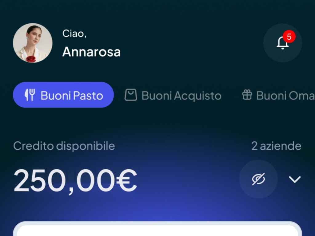 Schermata dell'app Toduba con la sezione Buoni Pasto selezionata e un credito disponibile di 250,00 € su 2 aziende