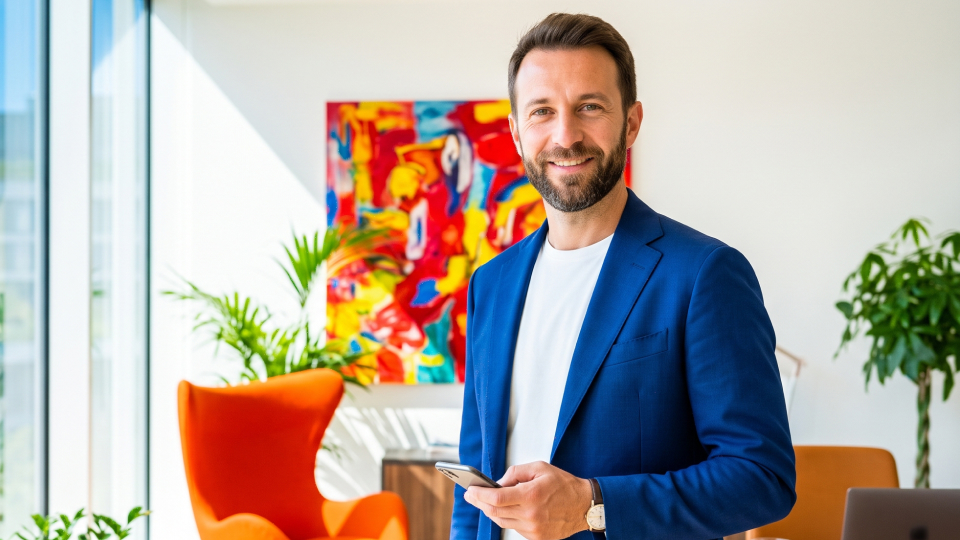 Uomo sorridente in giacca blu con smartphone in mano in un ufficio luminoso con un quadro colorato e piante